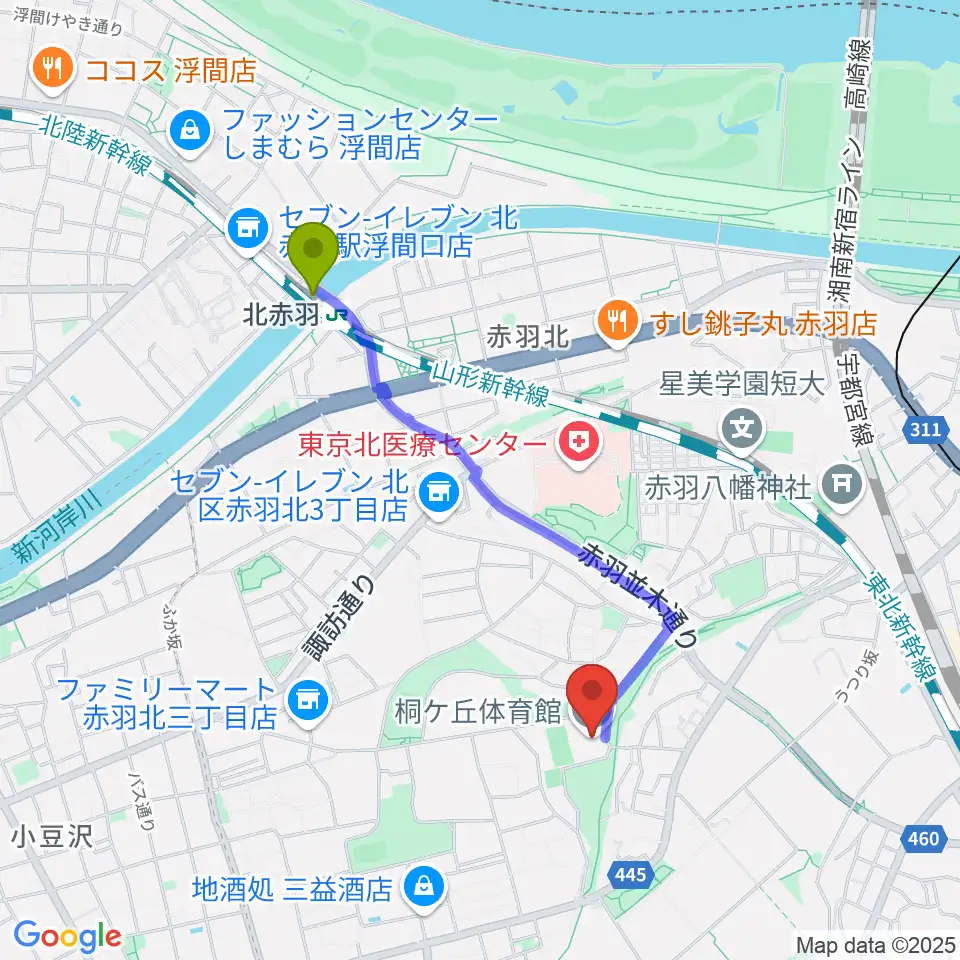 北赤羽駅から桐ケ丘体育館へのルートマップ地図