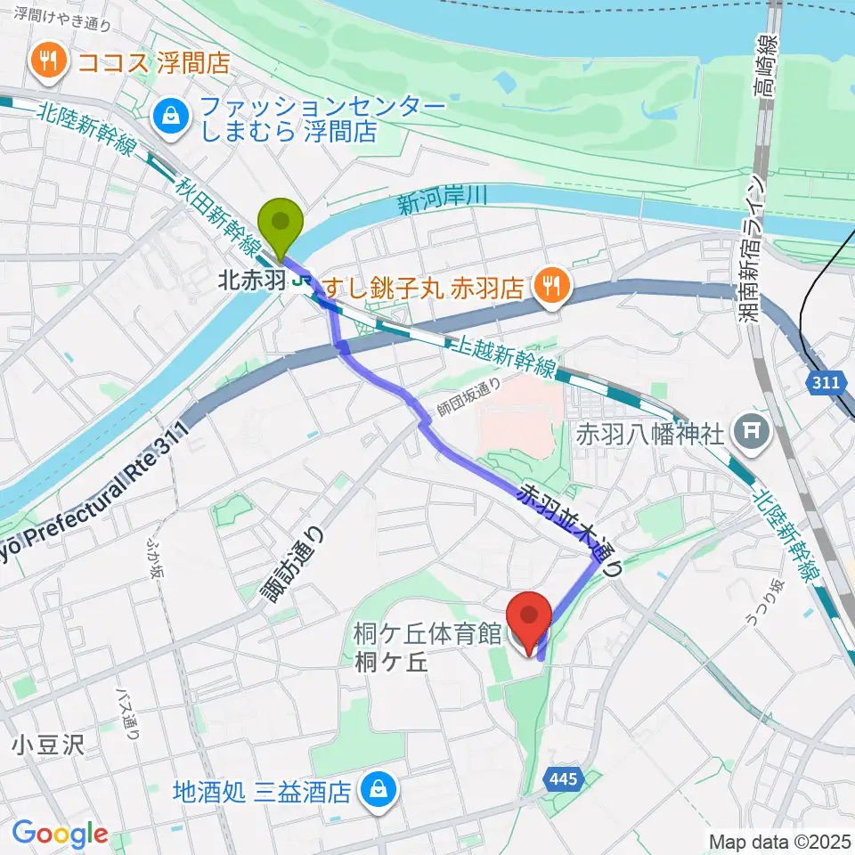 北赤羽駅から桐ケ丘体育館へのルートマップ地図