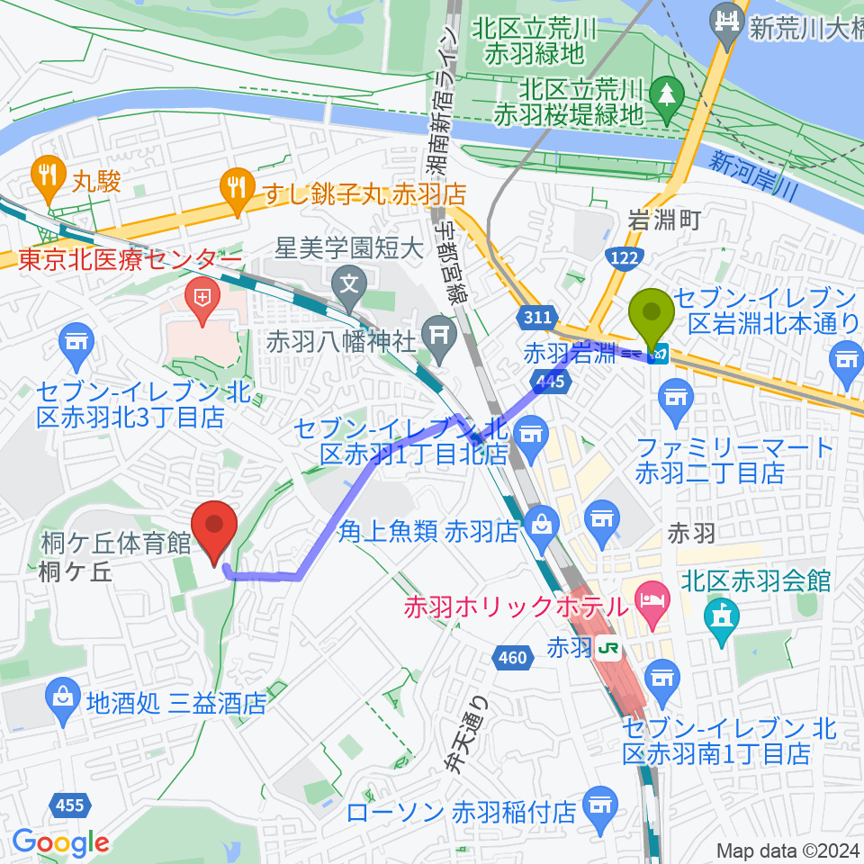 赤羽岩淵駅から桐ケ丘体育館へのルートマップ地図