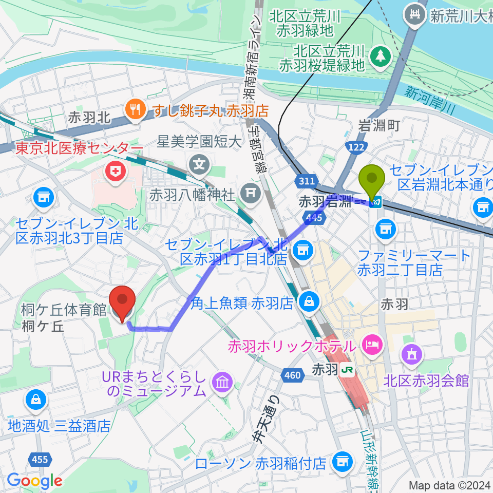 赤羽岩淵駅から桐ケ丘体育館へのルートマップ地図