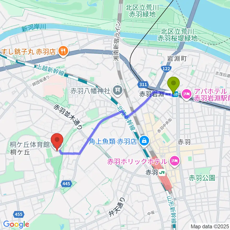 赤羽岩淵駅から桐ケ丘体育館へのルートマップ地図