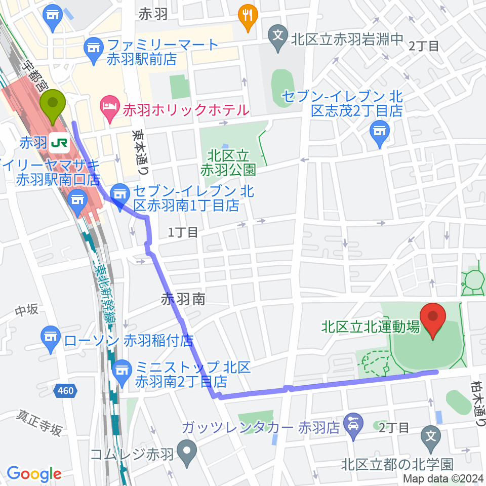 赤羽駅から北区立北運動場へのルートマップ地図