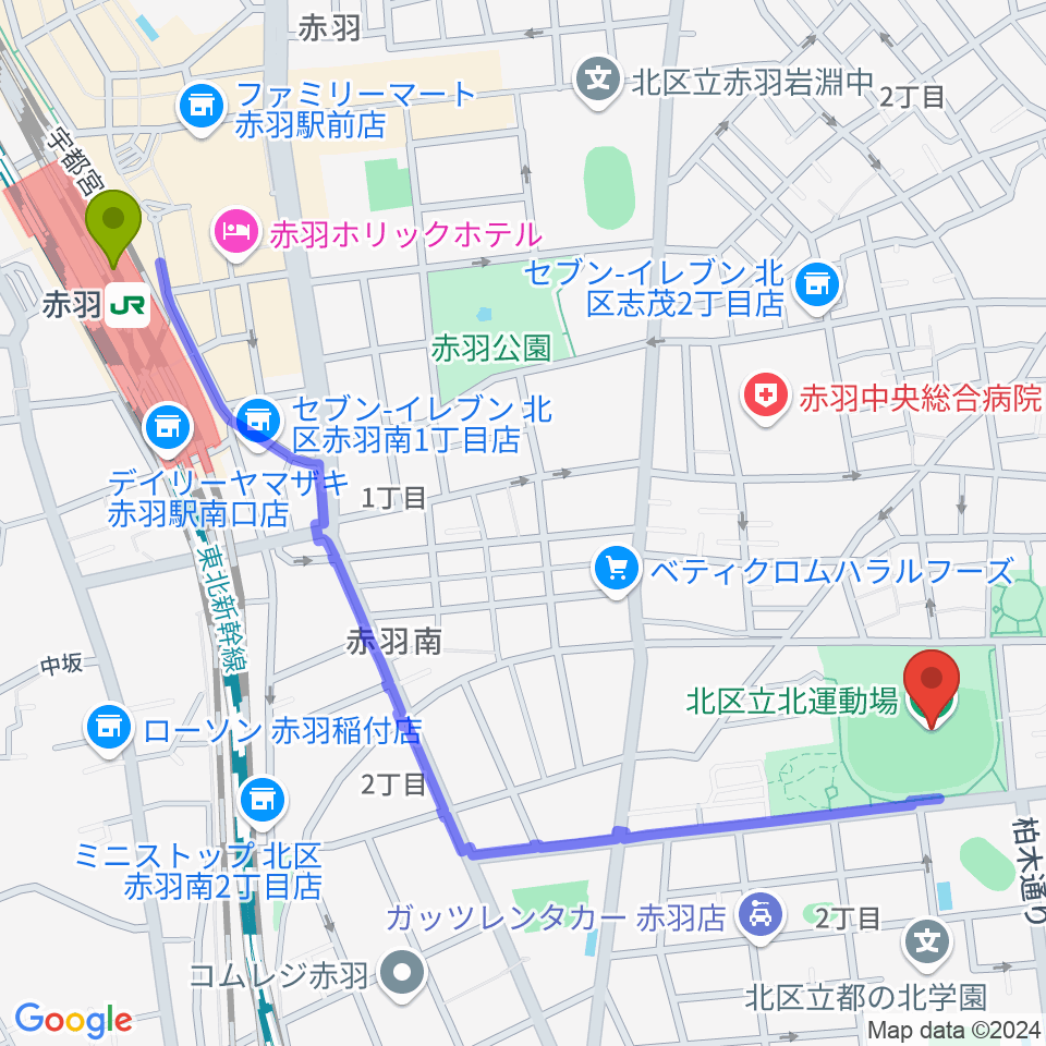 赤羽駅から北区立北運動場へのルートマップ地図