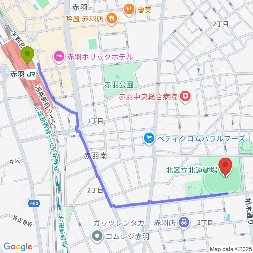 赤羽駅から北区立北運動場へのルートマップ地図