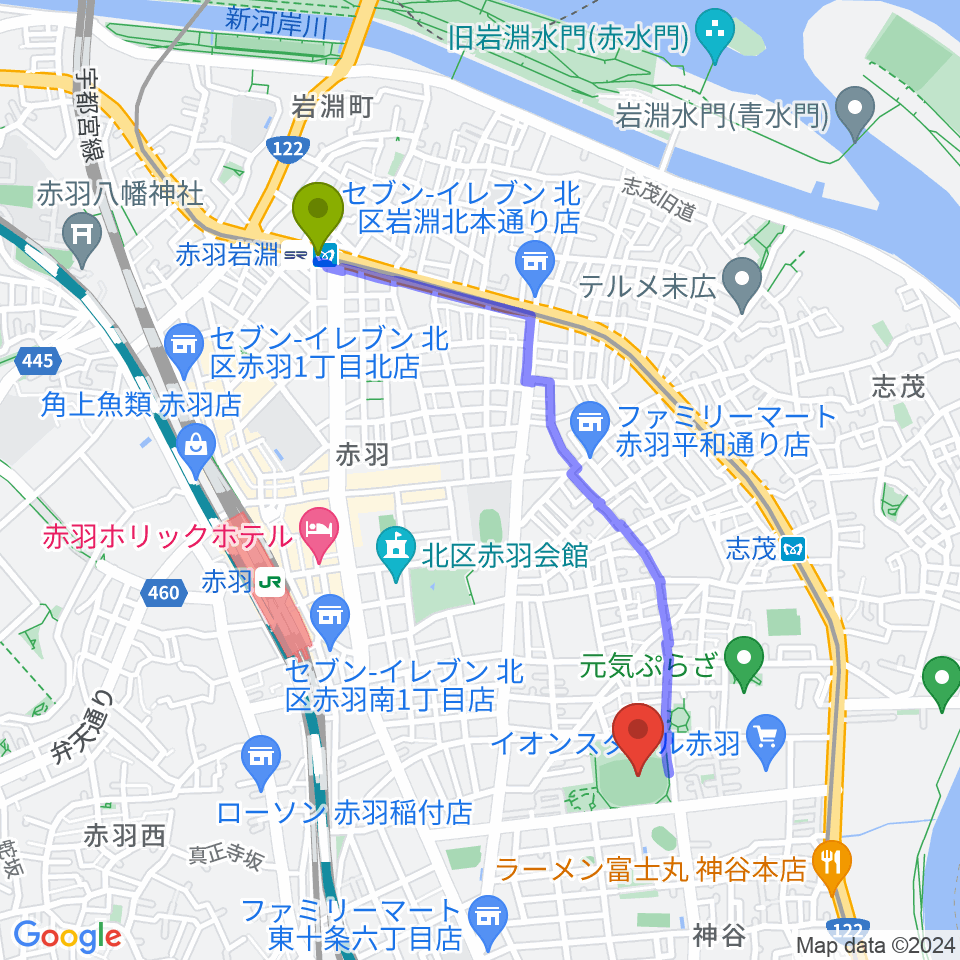 赤羽岩淵駅から北区立北運動場へのルートマップ地図