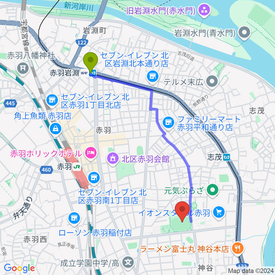 赤羽岩淵駅から北区立北運動場へのルートマップ地図