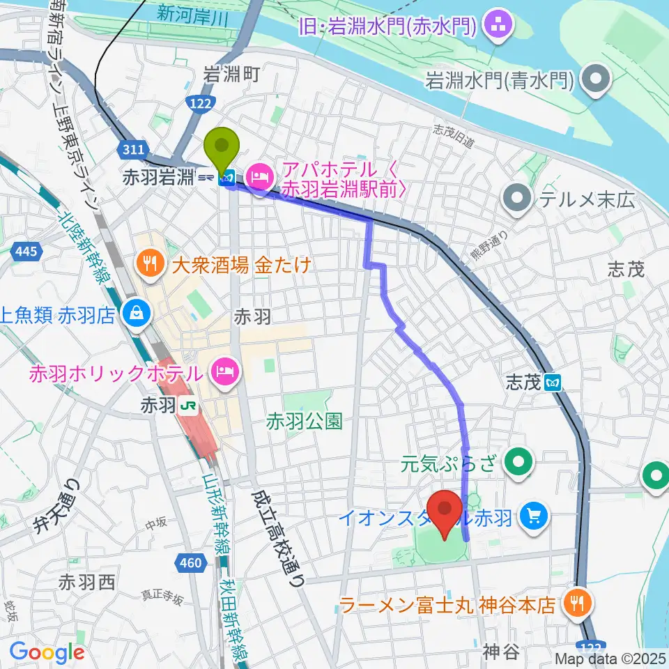 赤羽岩淵駅から北区立北運動場へのルートマップ地図