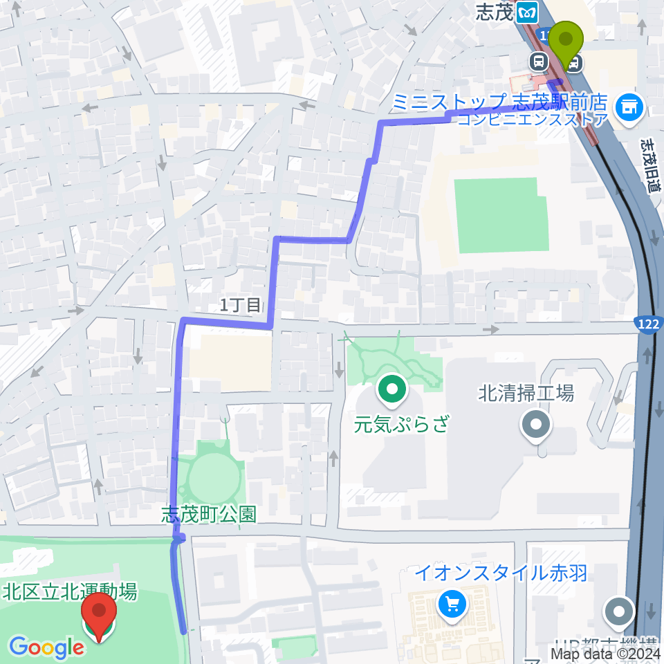 北区立北運動場の最寄駅志茂駅からの徒歩ルート（約9分）地図