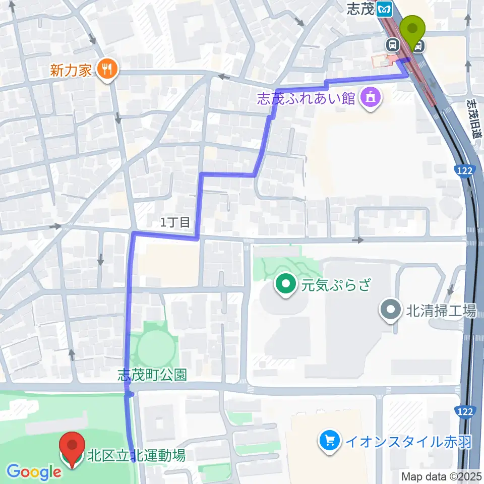 北区立北運動場の最寄駅志茂駅からの徒歩ルート（約9分）地図