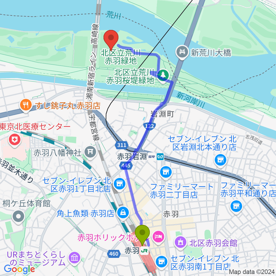 赤羽駅から新荒川大橋野球場へのルートマップ地図