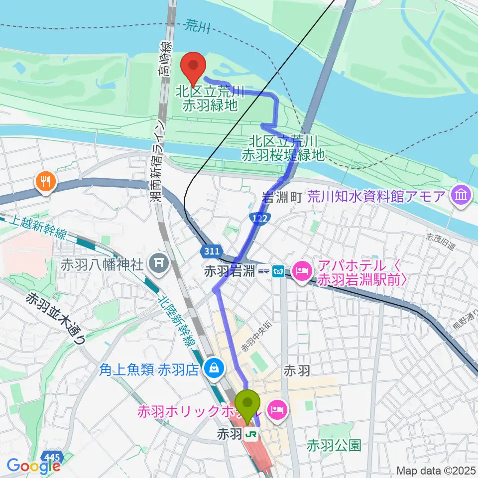赤羽駅から新荒川大橋野球場へのルートマップ地図
