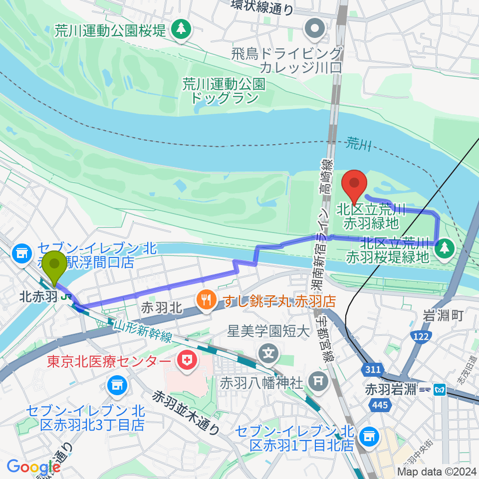 北赤羽駅から新荒川大橋野球場へのルートマップ地図