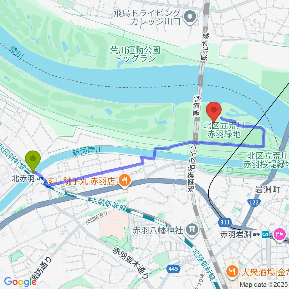 北赤羽駅から新荒川大橋野球場へのルートマップ地図