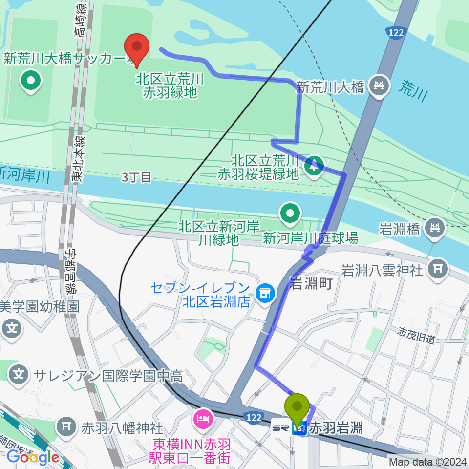 新荒川大橋野球場の最寄駅赤羽岩淵駅からの徒歩ルート（約13分）地図