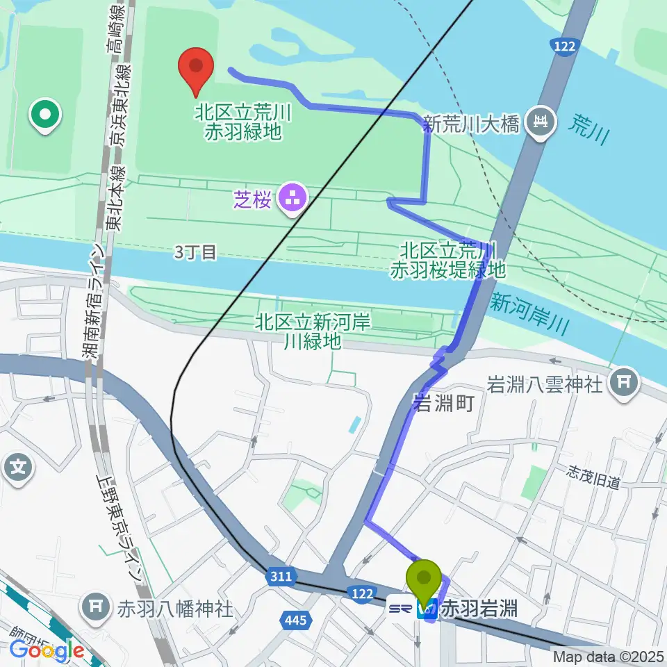 新荒川大橋野球場の最寄駅赤羽岩淵駅からの徒歩ルート（約13分）地図