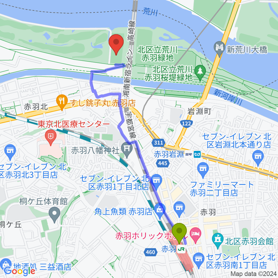 赤羽駅から新荒川大橋サッカー場へのルートマップ地図