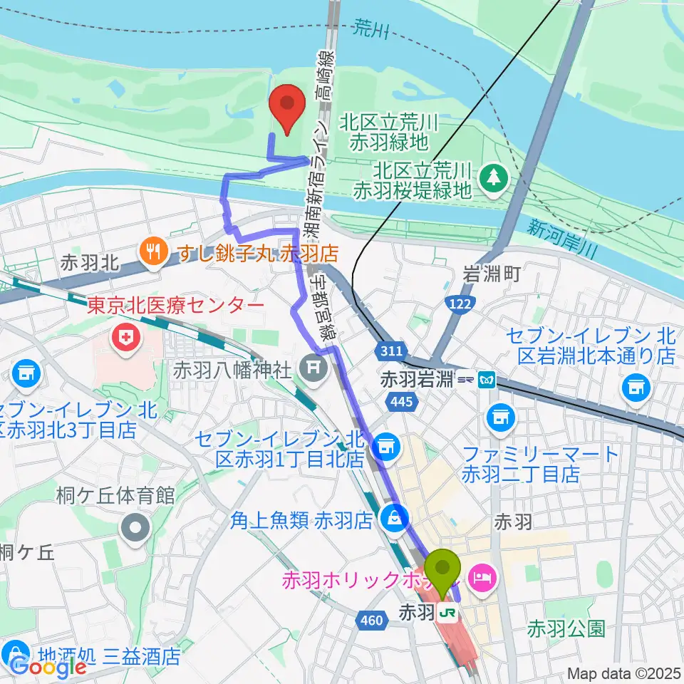 赤羽駅から新荒川大橋サッカー場へのルートマップ地図