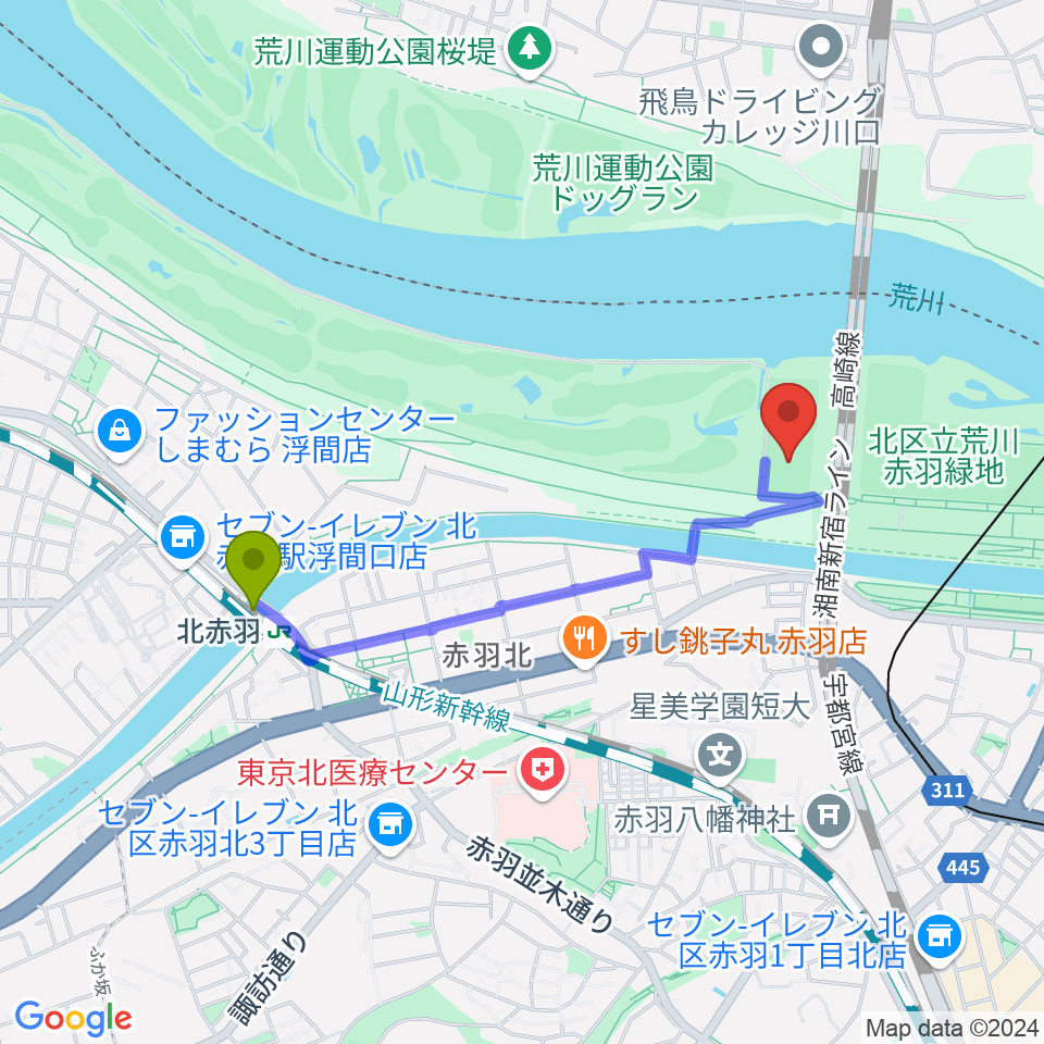 北赤羽駅から新荒川大橋サッカー場へのルートマップ地図