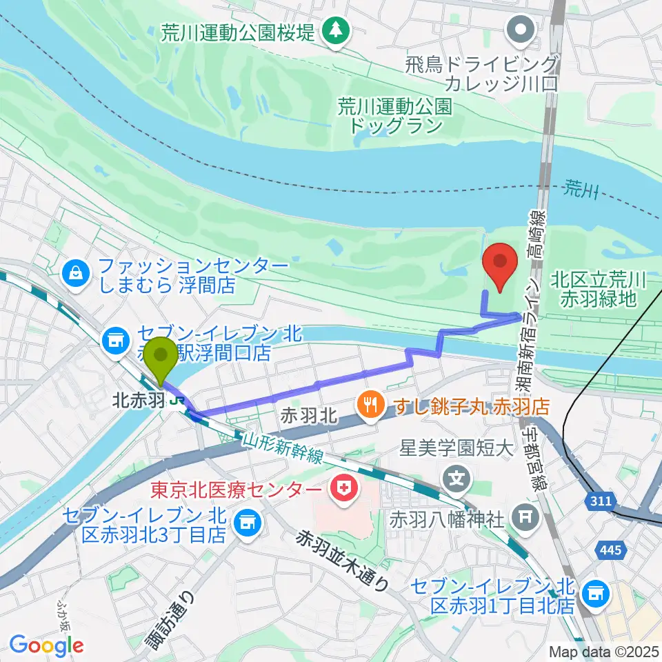 北赤羽駅から新荒川大橋サッカー場へのルートマップ地図