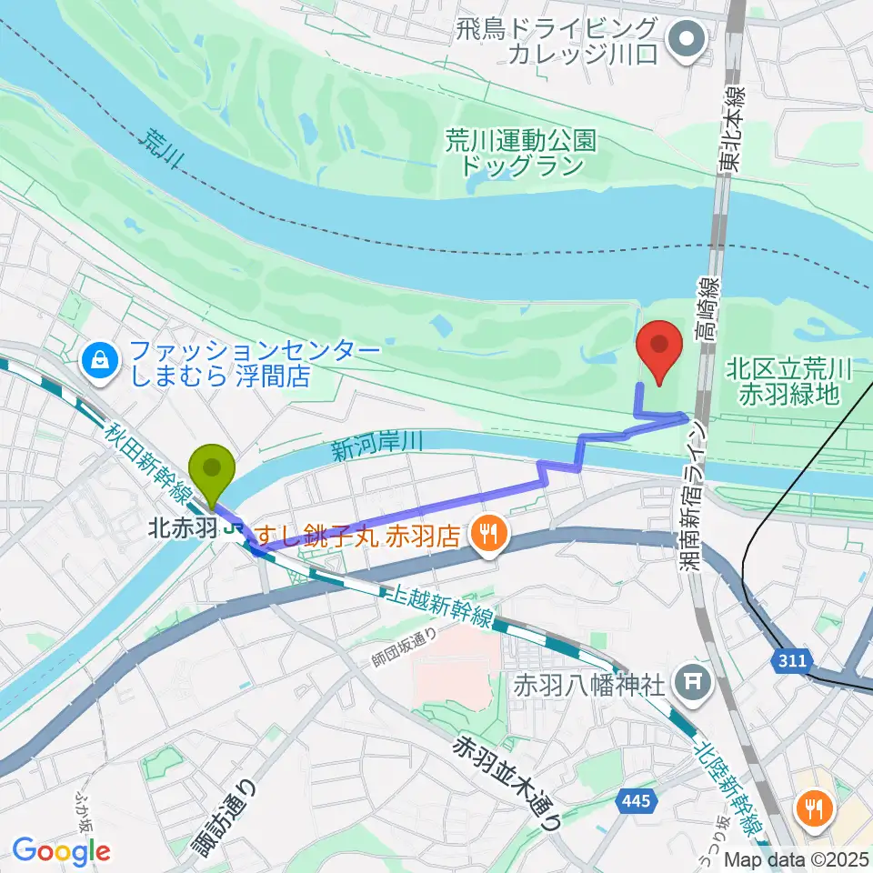 北赤羽駅から新荒川大橋サッカー場へのルートマップ地図