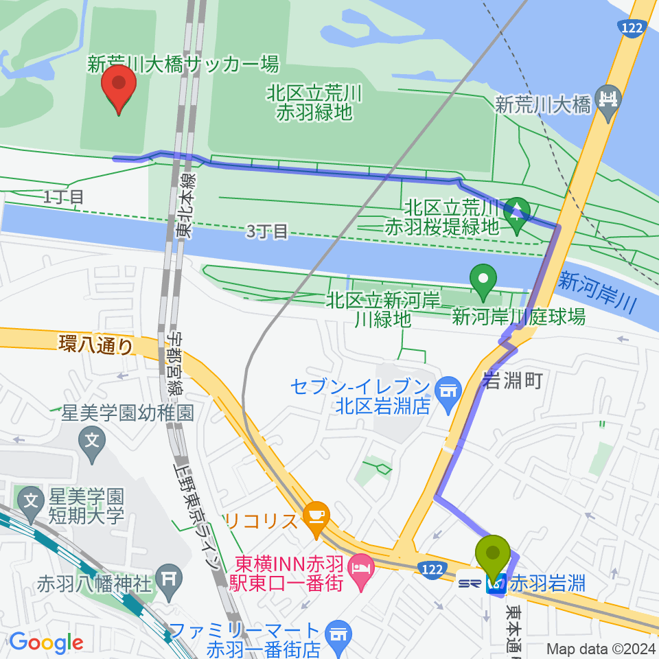 新荒川大橋サッカー場の最寄駅赤羽岩淵駅からの徒歩ルート（約14分）地図
