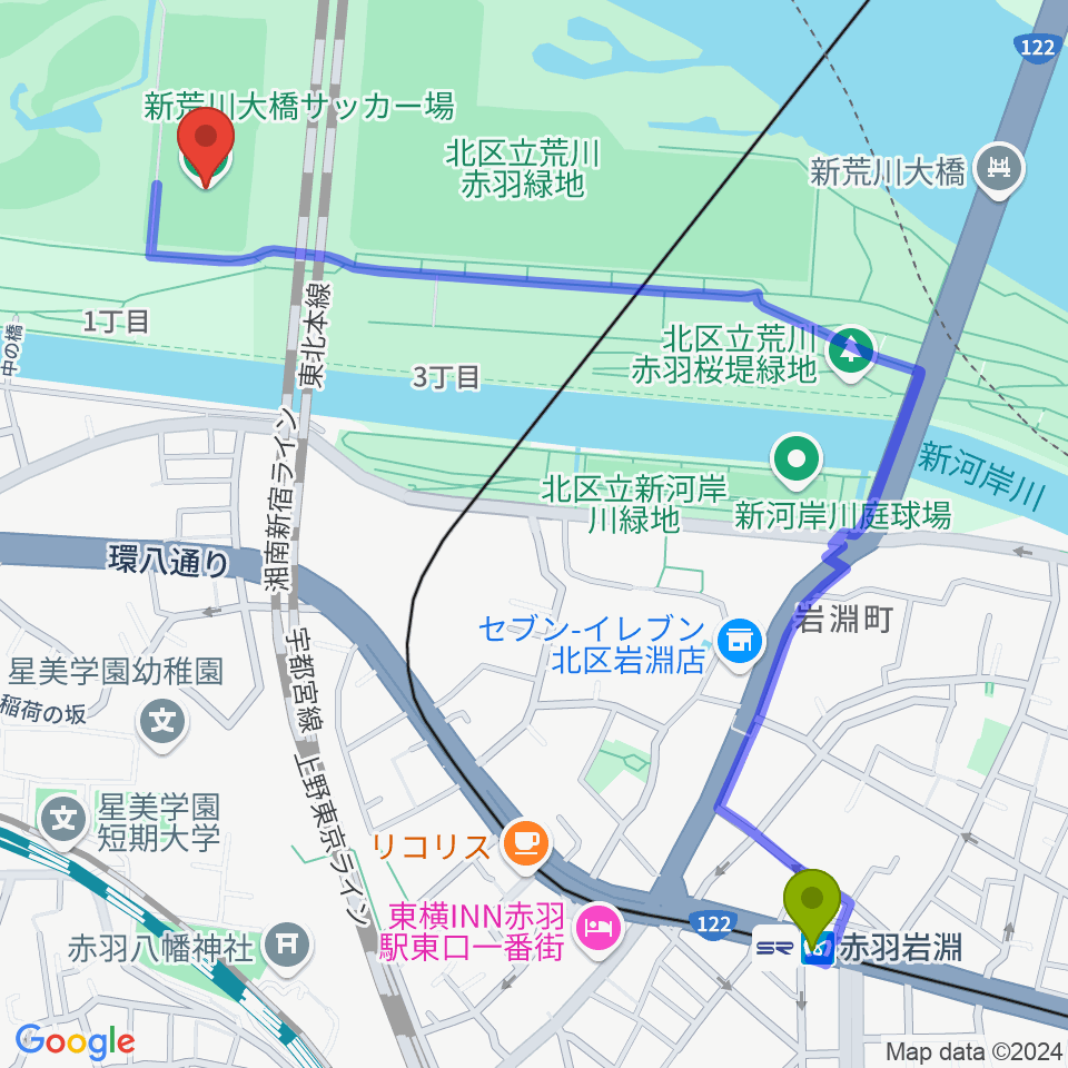 新荒川大橋サッカー場の最寄駅赤羽岩淵駅からの徒歩ルート（約14分）地図