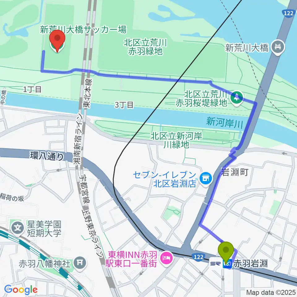 新荒川大橋サッカー場の最寄駅赤羽岩淵駅からの徒歩ルート（約14分）地図