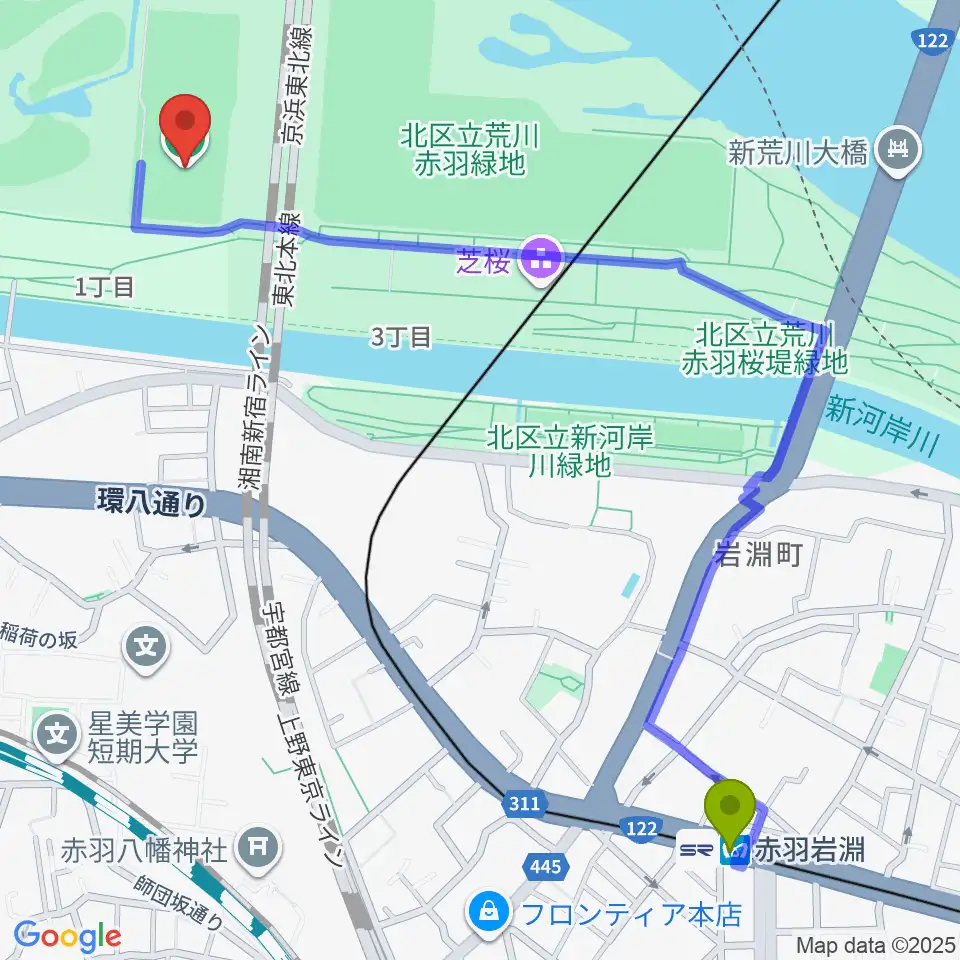 新荒川大橋サッカー場の最寄駅赤羽岩淵駅からの徒歩ルート（約14分）地図