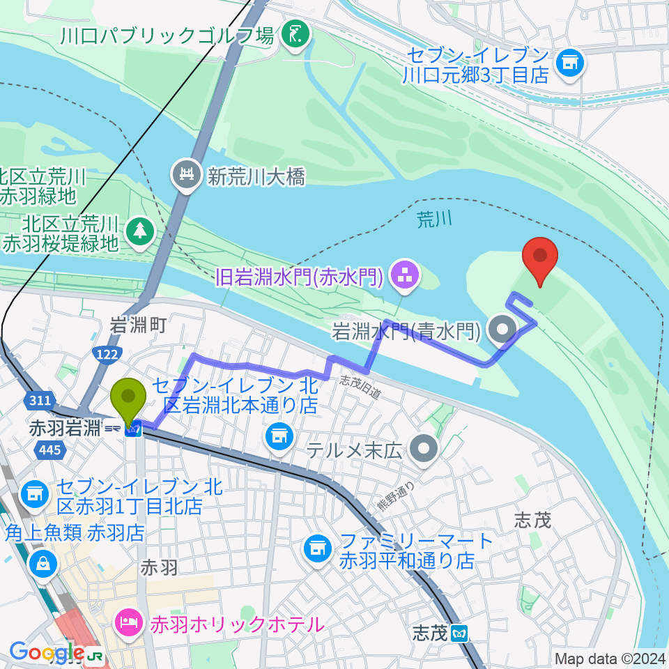 赤羽岩淵駅から岩淵水門野球場へのルートマップ地図