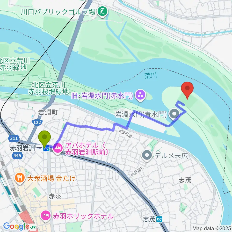 赤羽岩淵駅から岩淵水門野球場へのルートマップ地図