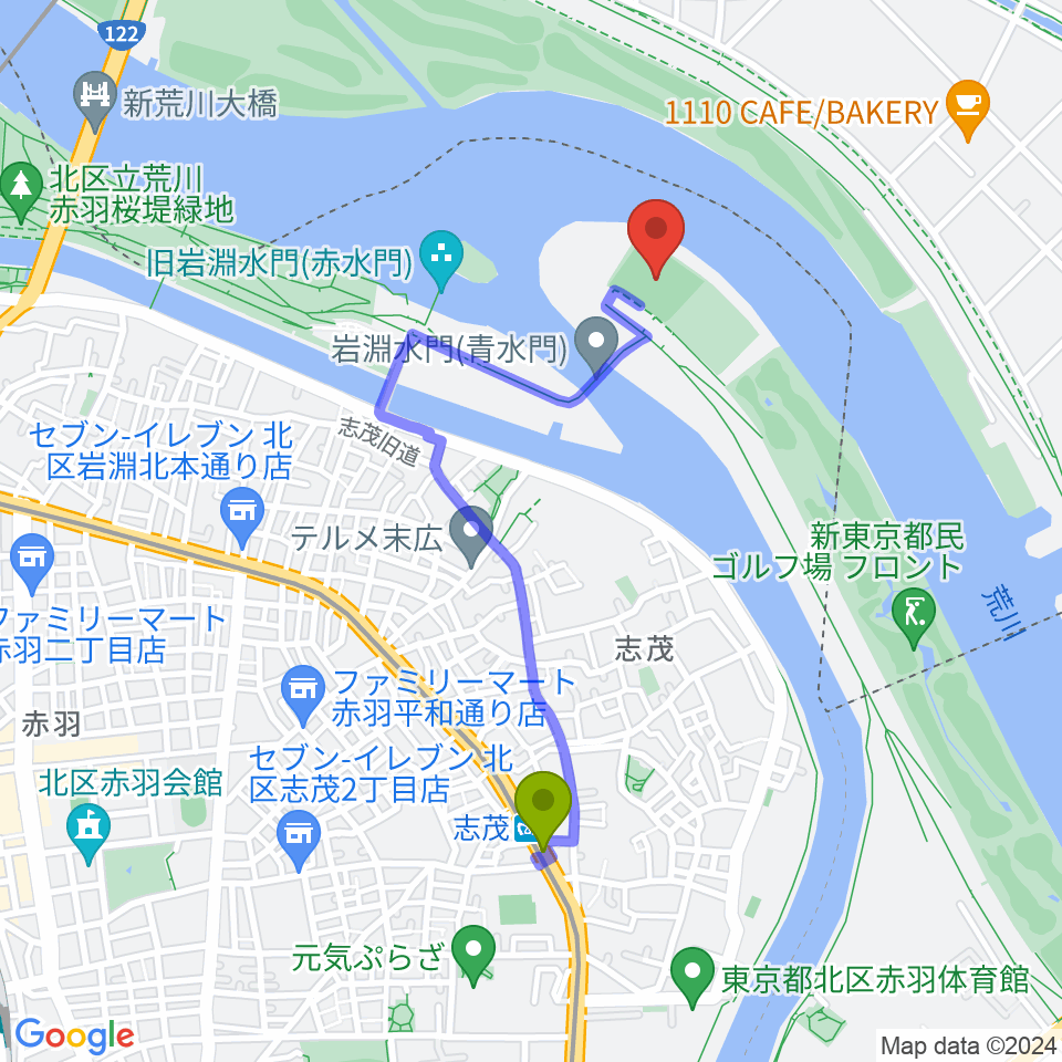 岩淵水門野球場の最寄駅志茂駅からの徒歩ルート（約17分）地図