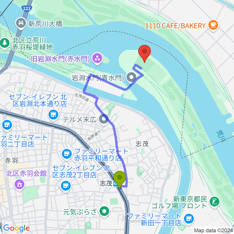 岩淵水門野球場の最寄駅志茂駅からの徒歩ルート（約17分）地図