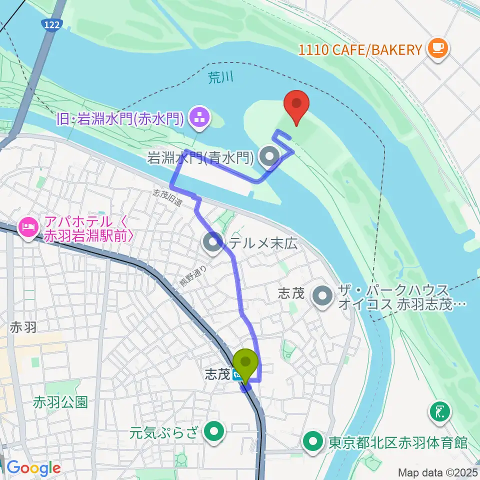 岩淵水門野球場の最寄駅志茂駅からの徒歩ルート（約17分）地図