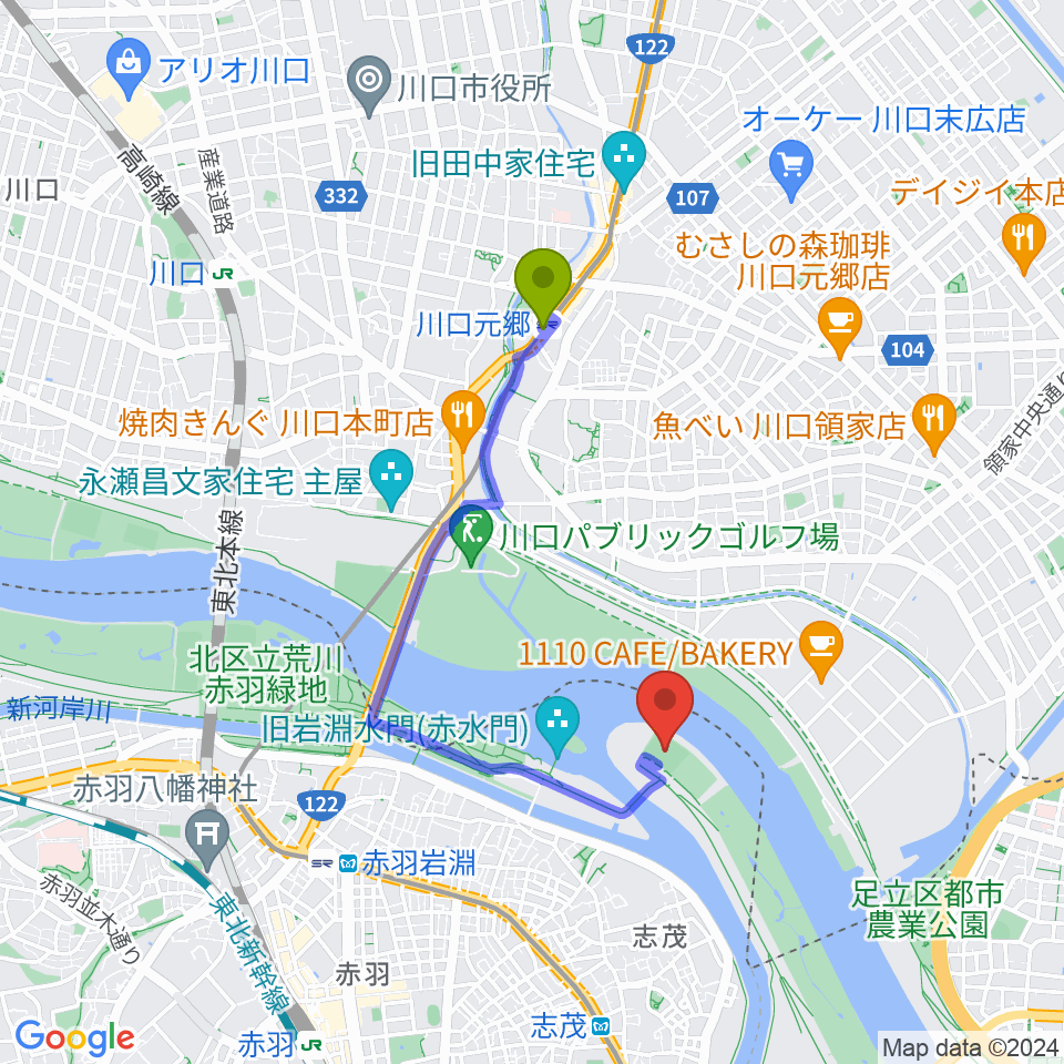 川口元郷駅から岩淵水門野球場へのルートマップ地図