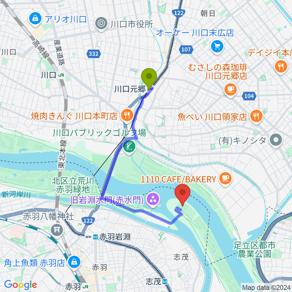 川口元郷駅から岩淵水門野球場へのルートマップ地図