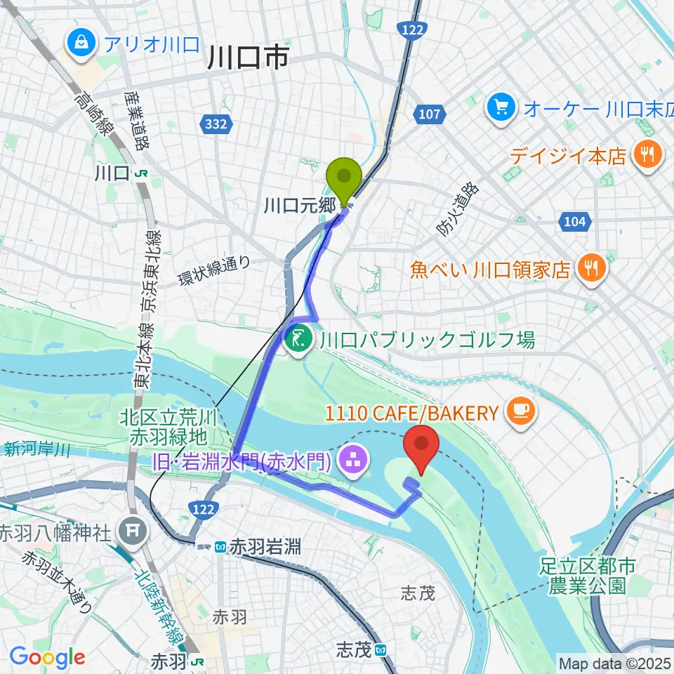 川口元郷駅から岩淵水門野球場へのルートマップ地図