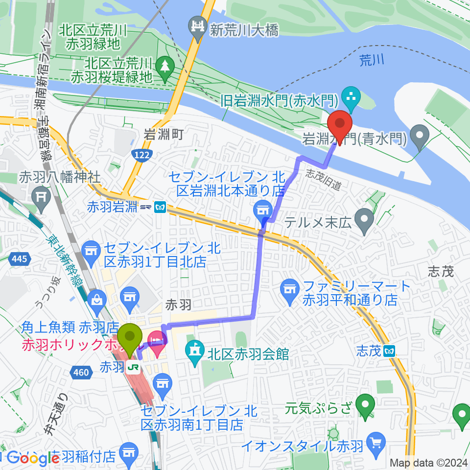 赤羽駅から荒川知水資料館amoaへのルートマップ地図