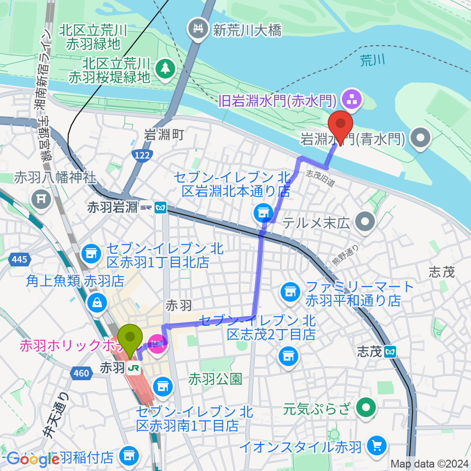 赤羽駅から荒川知水資料館amoaへのルートマップ地図