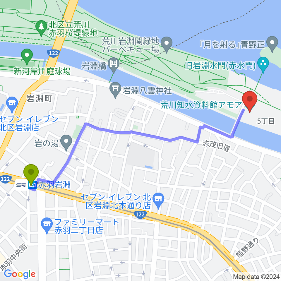 荒川知水資料館amoaの最寄駅赤羽岩淵駅からの徒歩ルート（約13分）地図
