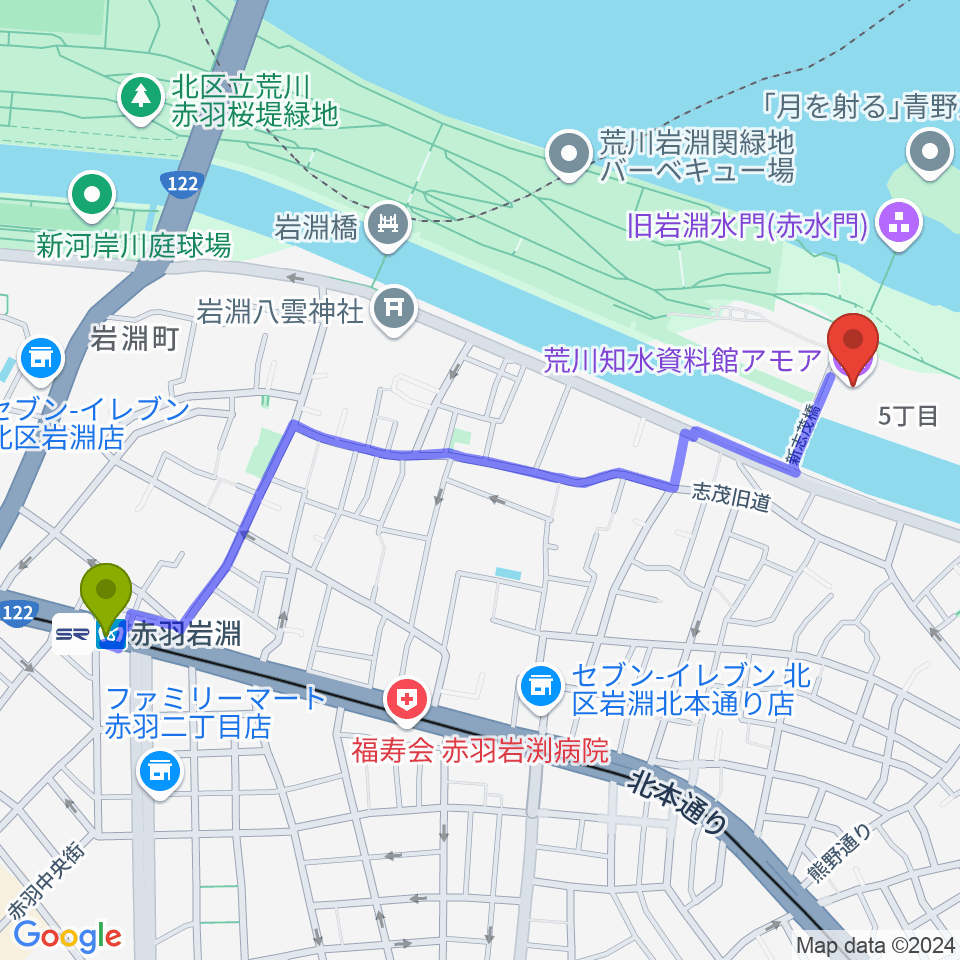 荒川知水資料館amoaの最寄駅赤羽岩淵駅からの徒歩ルート（約13分）地図