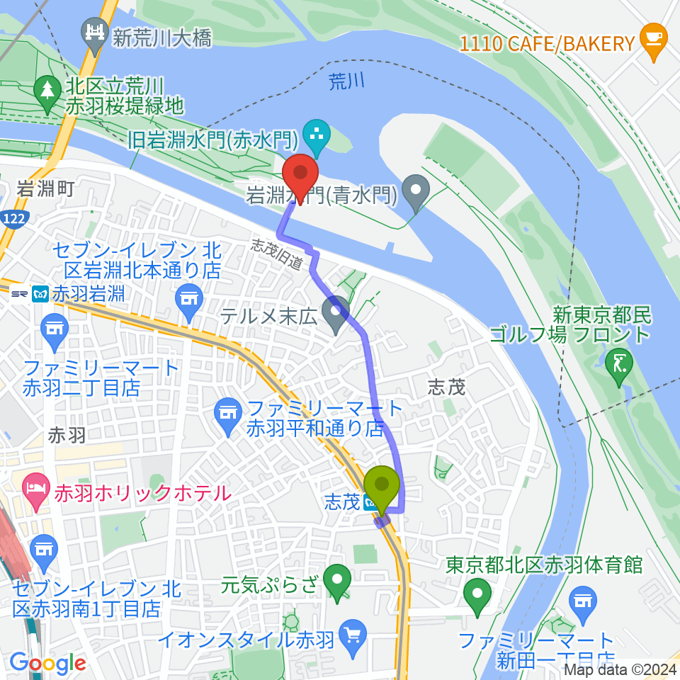 志茂駅から荒川知水資料館amoaへのルートマップ地図