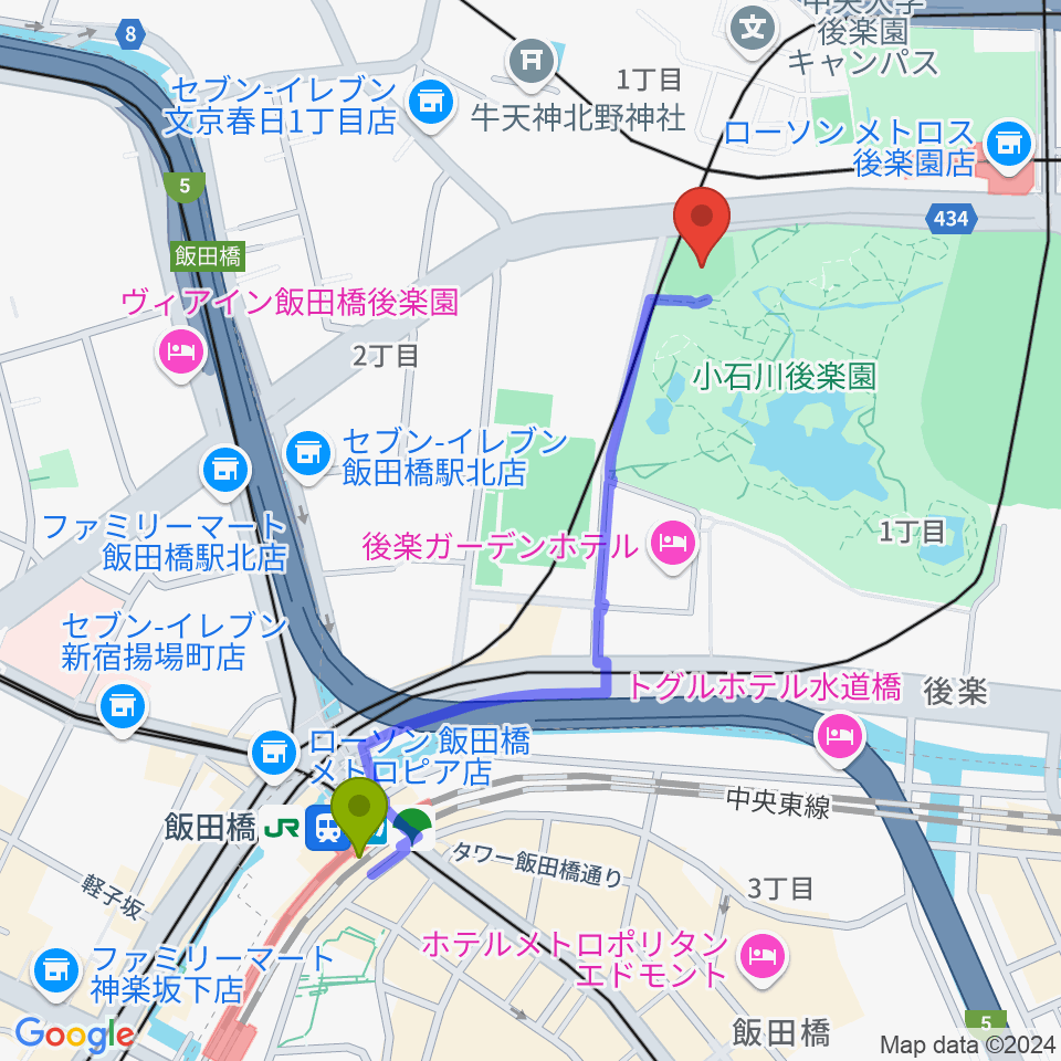 飯田橋駅から後楽公園少年野球場へのルートマップ地図