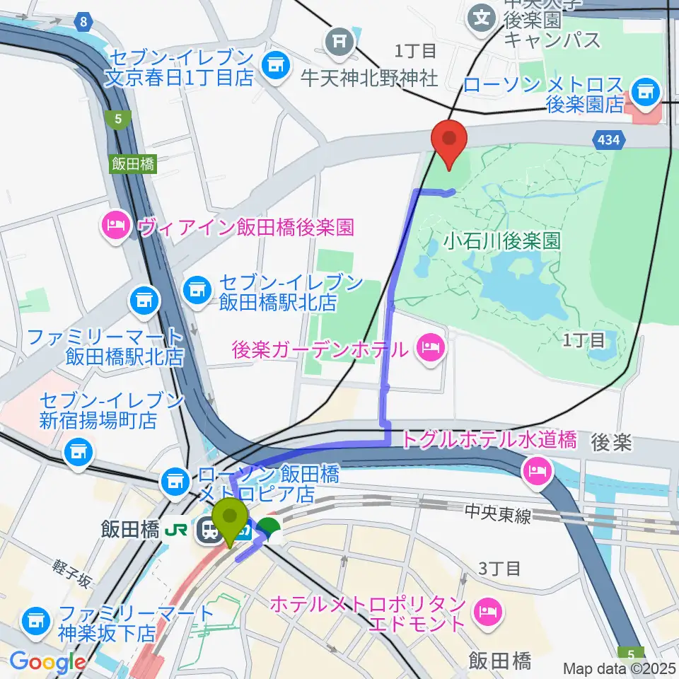 飯田橋駅から後楽公園少年野球場へのルートマップ地図