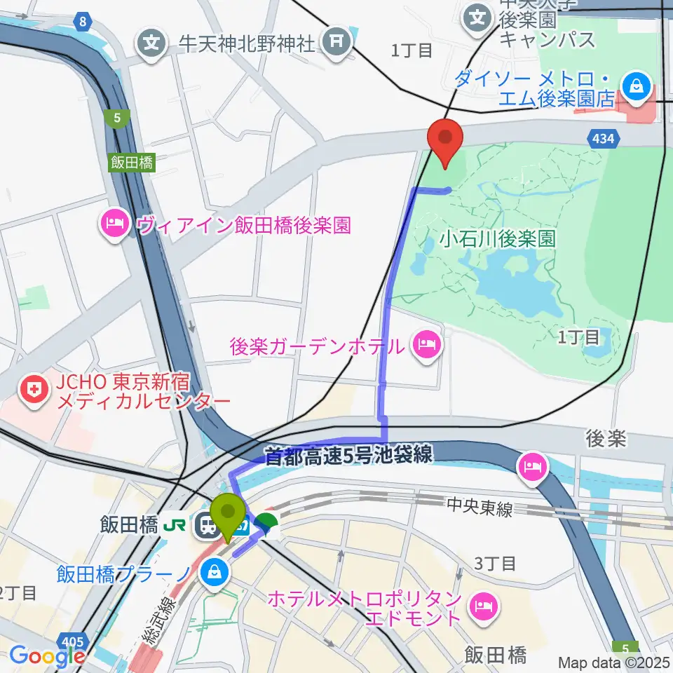 飯田橋駅から後楽公園少年野球場へのルートマップ地図