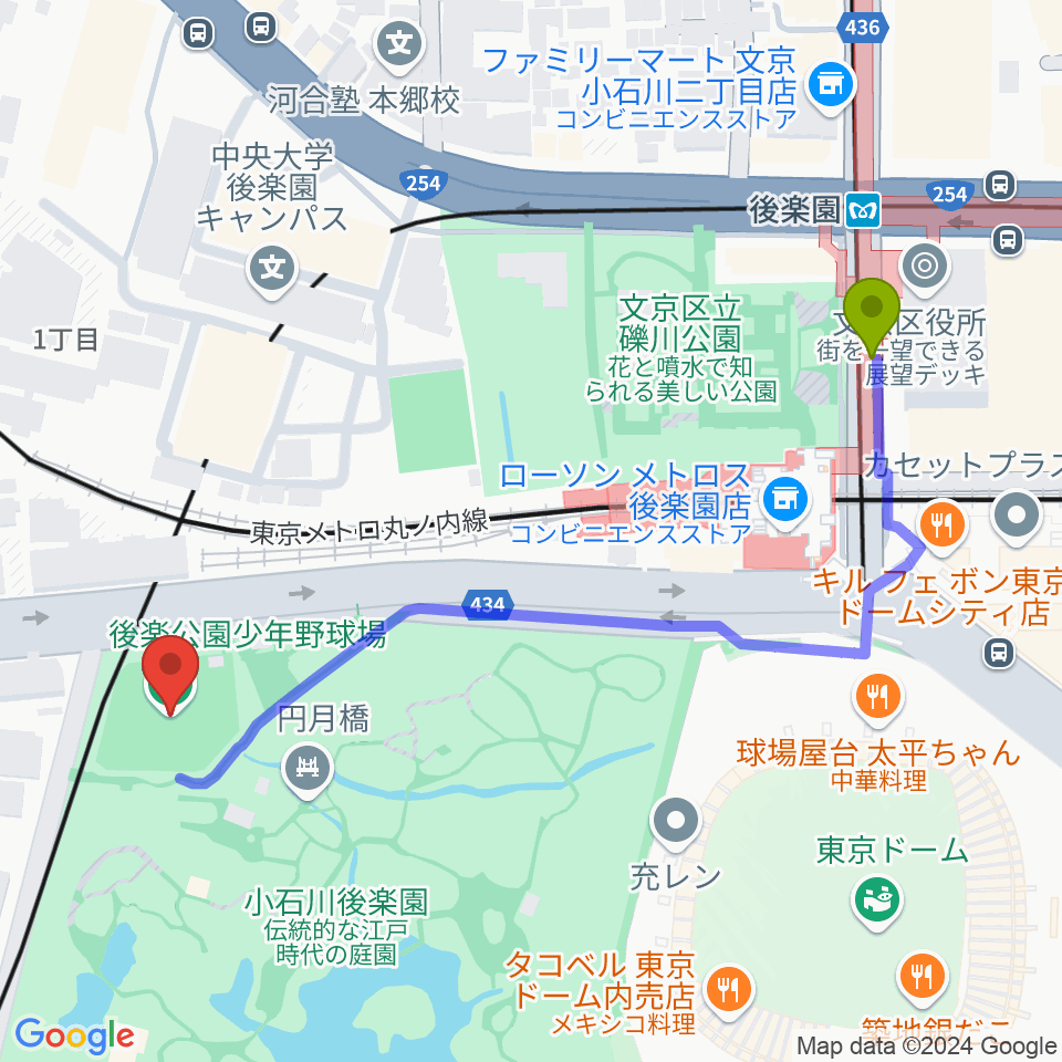 後楽公園少年野球場の最寄駅後楽園駅からの徒歩ルート（約6分）地図