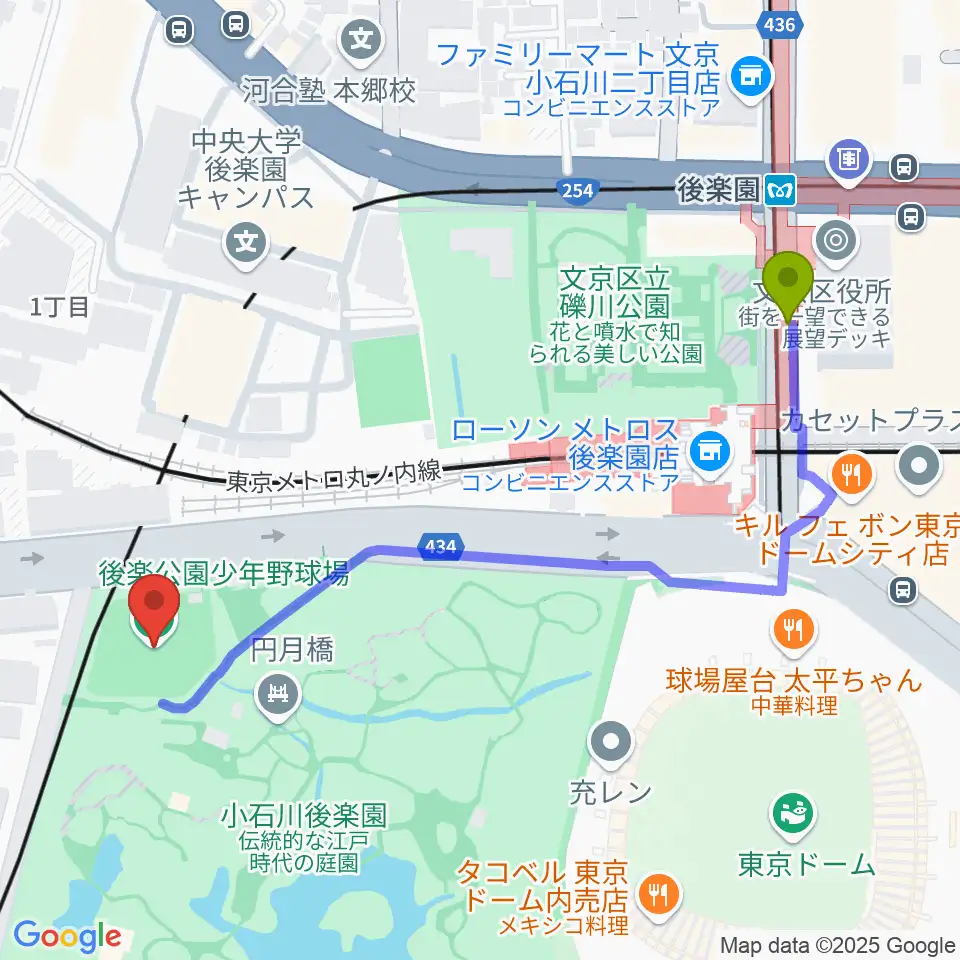 後楽公園少年野球場の最寄駅後楽園駅からの徒歩ルート（約6分）地図