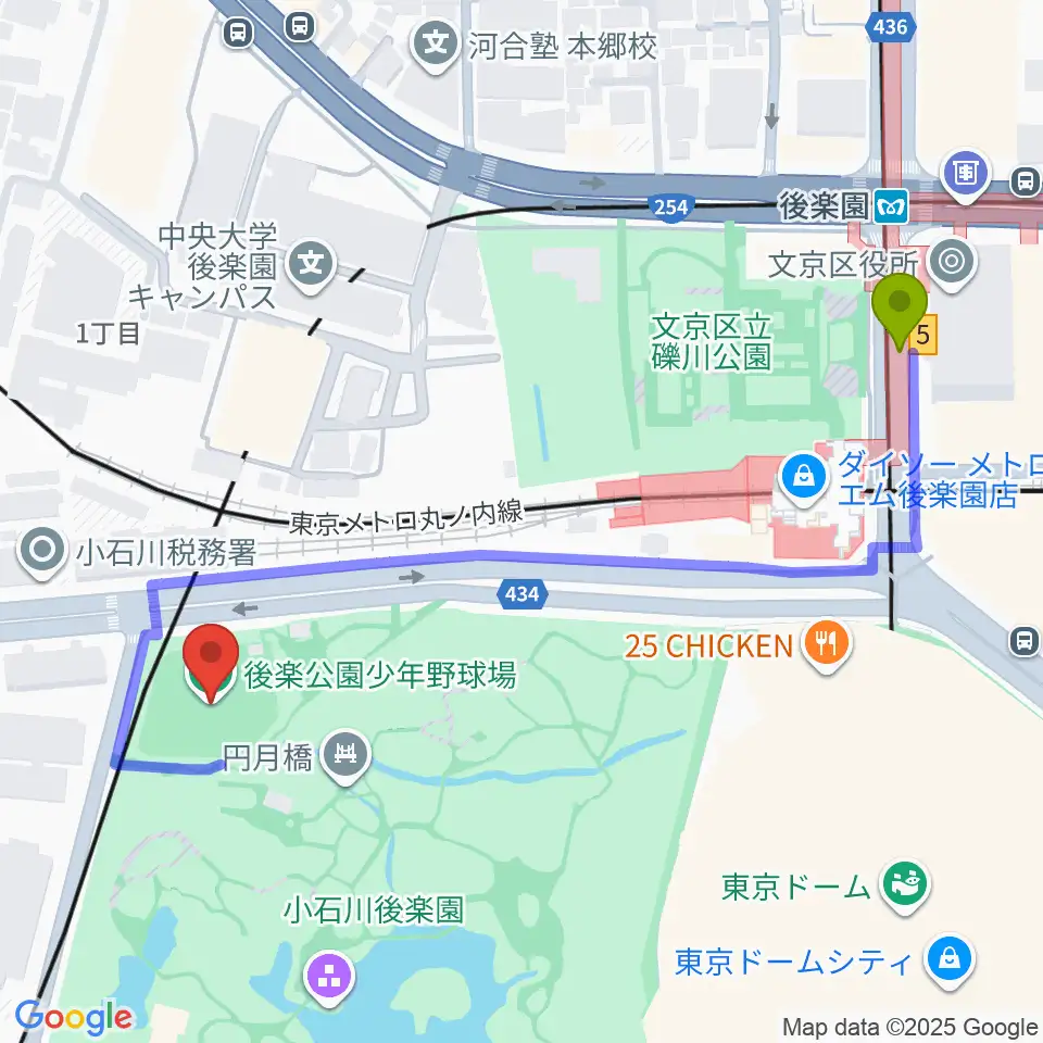 後楽公園少年野球場の最寄駅後楽園駅からの徒歩ルート（約6分）地図