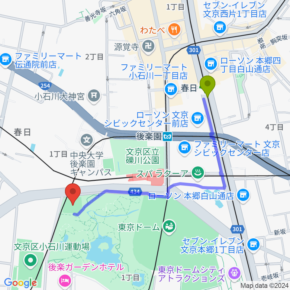 春日駅から後楽公園少年野球場へのルートマップ地図