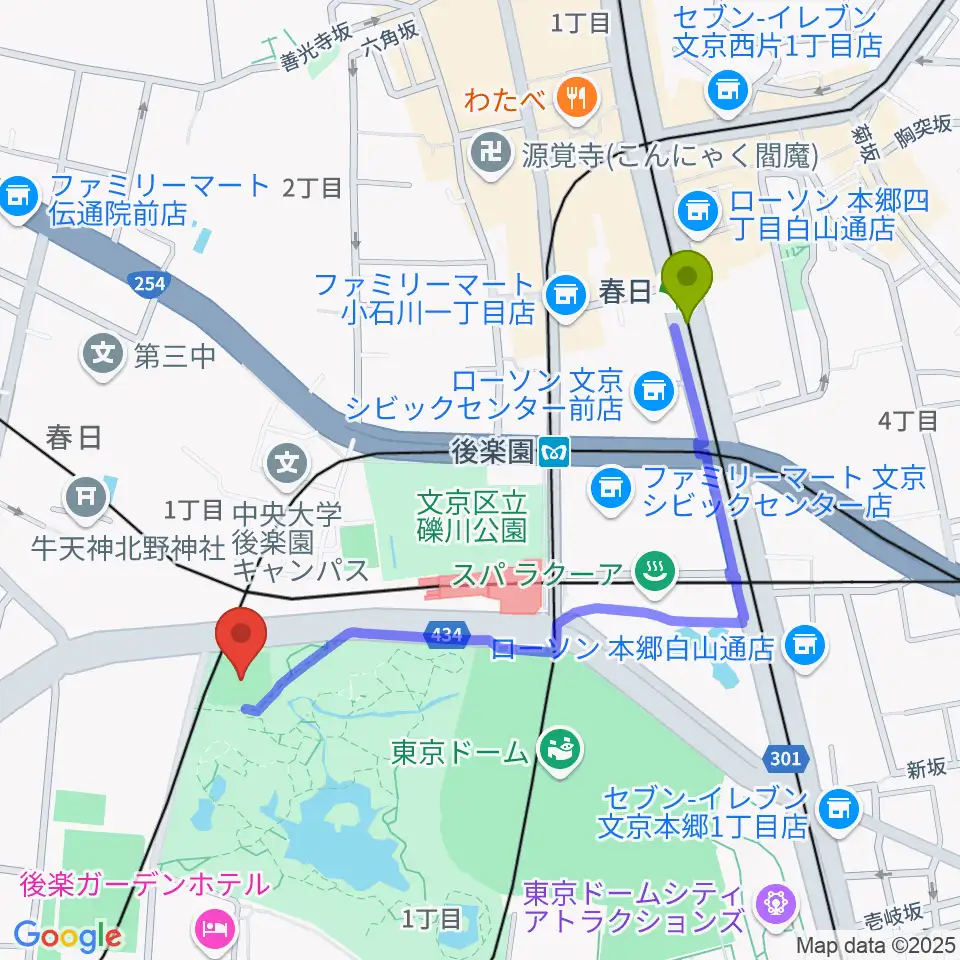 春日駅から後楽公園少年野球場へのルートマップ地図