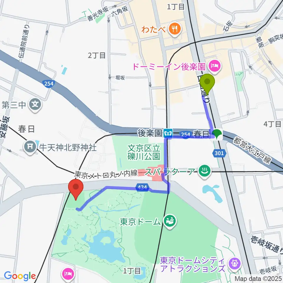 春日駅から後楽公園少年野球場へのルートマップ地図